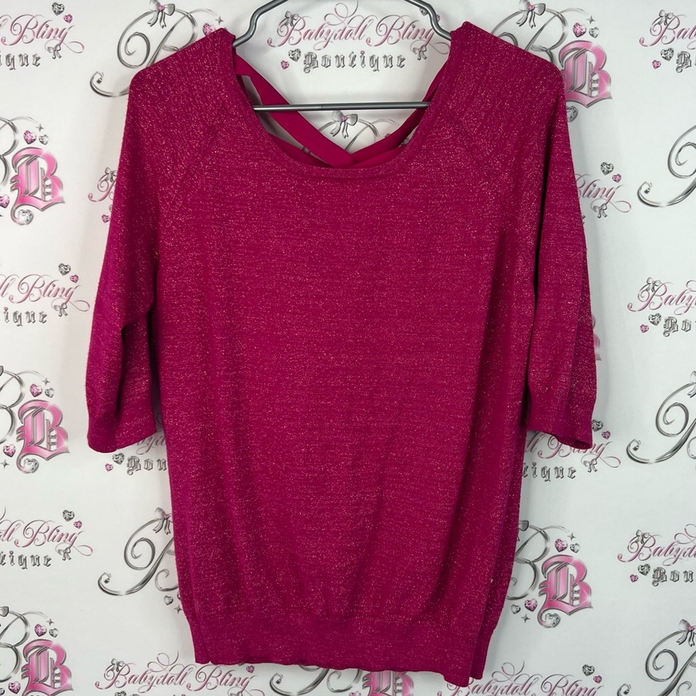 Reitmans sparkly strappy criss cross back pink Fuchsia Crew Neck Sweater